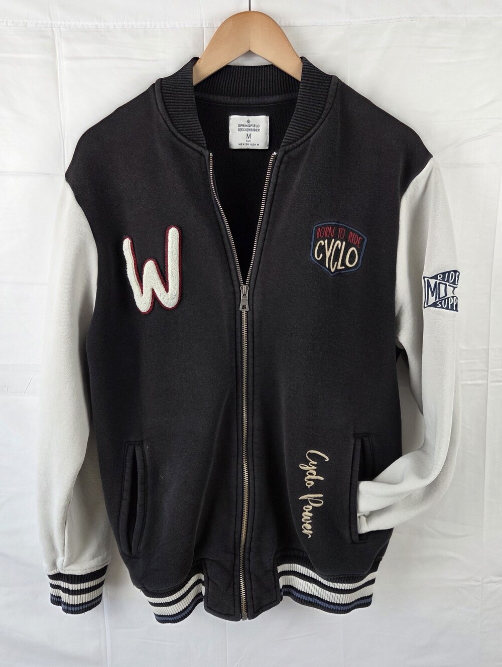 Springfield Baseball Jacket Mens Medium Full Zip W Cyclo Power Patch Black White